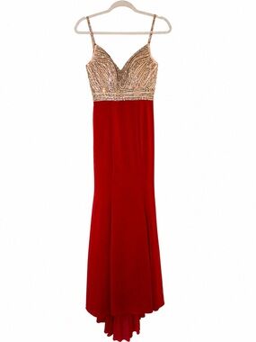Cinderella Red and Gold Beaded Spaghetti-Strap Maxi Dress